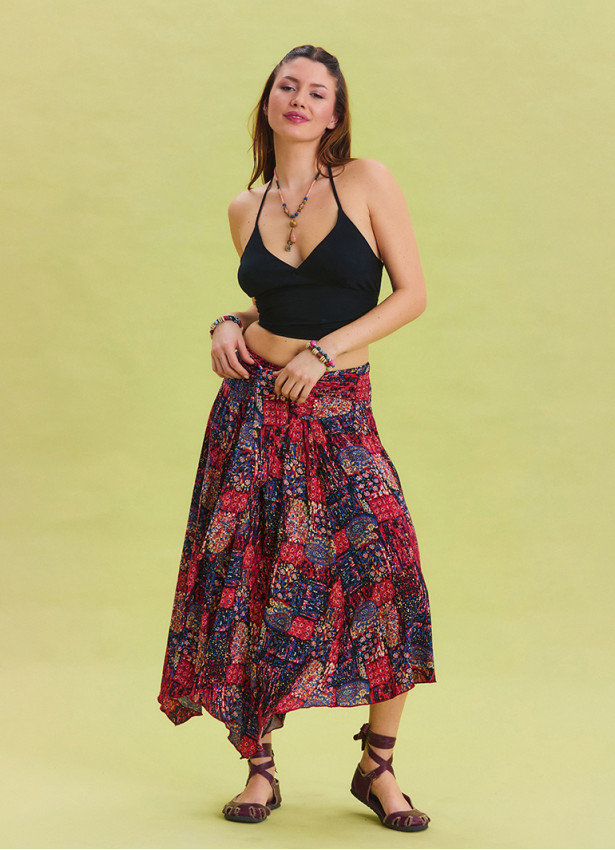 Red Casual Skirt with Gipe Detail and Tied Waist 4504